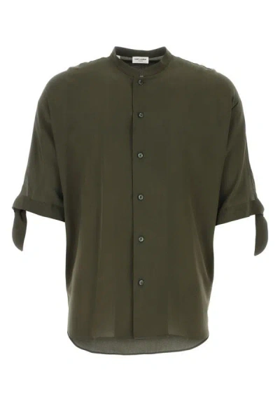 Shop Saint Laurent Man Olive Green Crepe Shirt