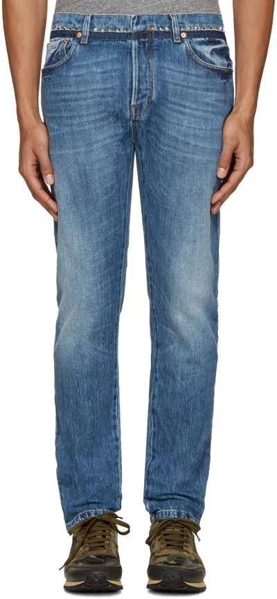 Valentino Distressed Slim-straight Fit Rockstud Jeans In Denim