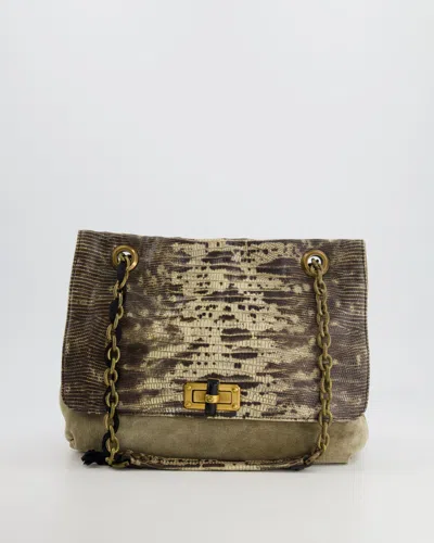 Shop Lanvin Snakeskin Embossed Shoulder Bag With Gold Hardware In Beige