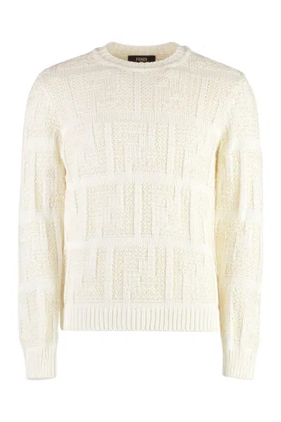 Shop Fendi Cotton Blend Crew-neck Sweater In Ivory