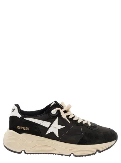 Shop Golden Goose 'running' Black Low Top Sneakers With Star Patch In Suede And Tech Fabric Man