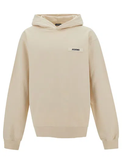Shop Jacquemus 'le Hoodie Gros-grain' Beige Hoodie With Logo Patch In Cotton Man