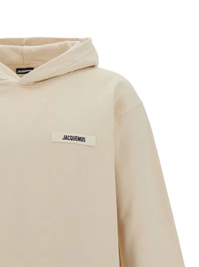 Shop Jacquemus 'le Hoodie Gros-grain' Beige Hoodie With Logo Patch In Cotton Man