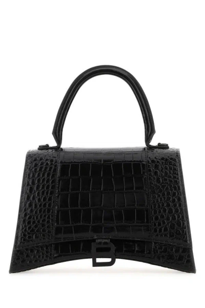 Balenciaga Hourglass Xs Croc-effect Leather Tote In Black