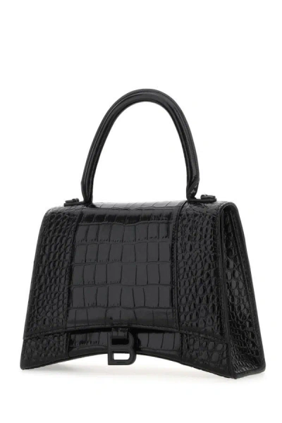 Balenciaga Hourglass Xs Croc-effect Leather Tote In Black