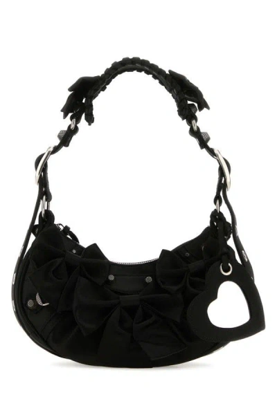 Balenciaga Satin Xs Shoulder Bag With Braided Handle And Bow Embellishment In Black