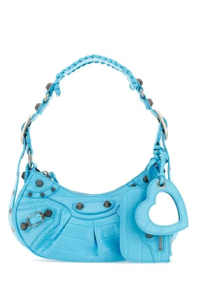 Shop Balenciaga Woman Light Blue Leather Le Cagole Xs Shoulder Bag