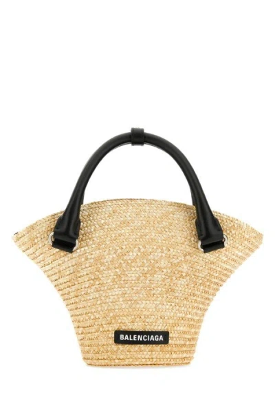 Shop Balenciaga Woman Straw Mini Beach Handbag In Brown