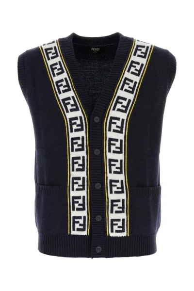 Shop Fendi Man Navy Blue Wool Vest