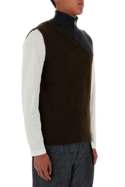 Shop Fendi Man Two-tone Stretch Wool Blend Vest In Multicolor