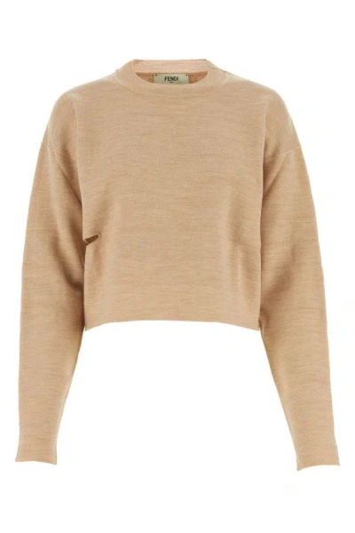 Shop Fendi Woman Beige Wool Blend Reversible Sweater In Brown