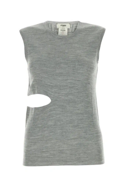 Fendi Sleeveless Wool Top With Unique Cut-out Detail In Gray