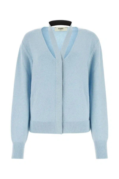 Shop Fendi Woman Melange Pastel Light-blue Stretch Wool Blend Cardigan