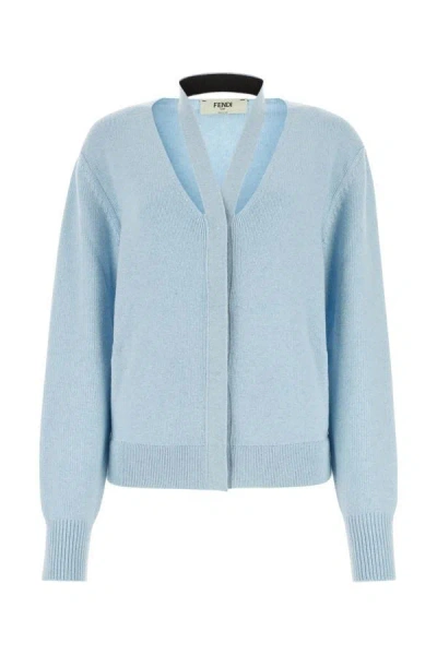 Fendi Light-blue Wool Blend Cardigan With Deep V Neckline In Blue