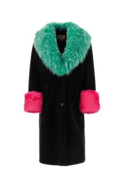Gucci Black Contrast-trim Shearling-collar Coat In Black