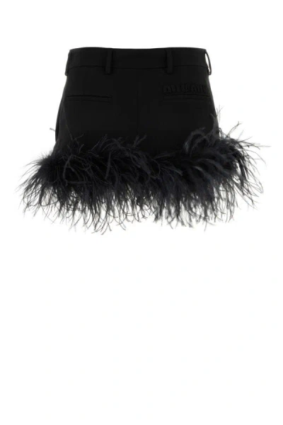 Miu Miu Feather-trimmed Grain De Poudre Miniskirt In Black
