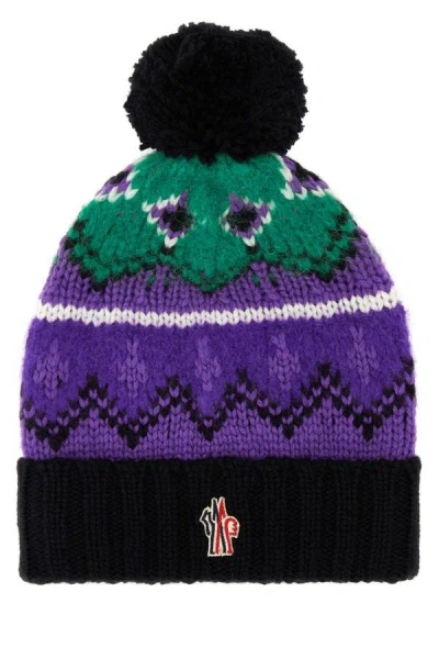 Shop Moncler Grenoble Woman Embroidered Wool Blend Beanie Hat In Multicolor