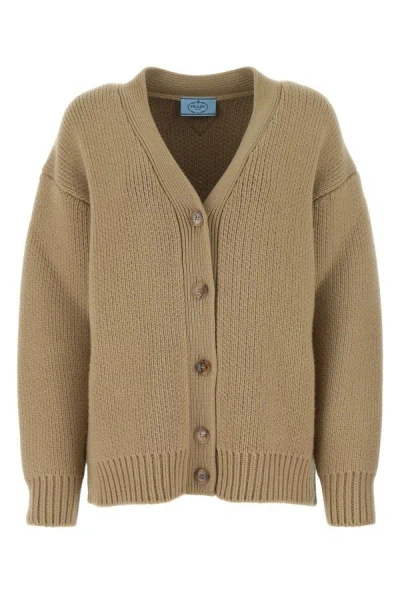 Shop Prada Woman Beige Wool Blend Oversize Cardigan In Brown
