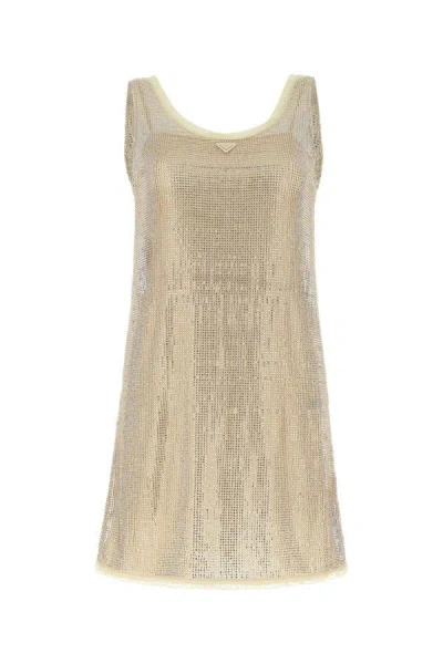 Prada Logo Plaque Embellished Sleeveless Dress In Gold