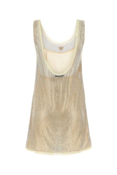 Prada Logo Plaque Embellished Sleeveless Dress In Gold
