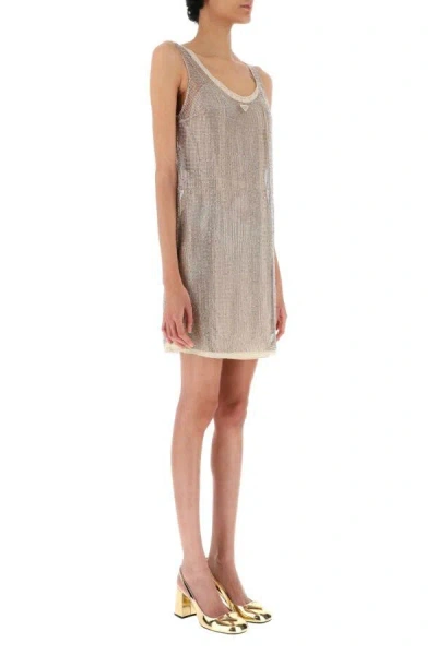 Prada Logo Plaque Embellished Sleeveless Dress In Gold