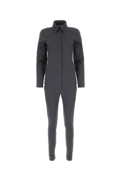 Prada Collared Long-sleeve Skinny-leg Jumpsuit In Gray