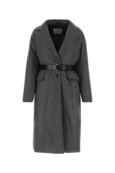 Shop Prada Woman Grey Cashmere Blend Padded Coat In Gray