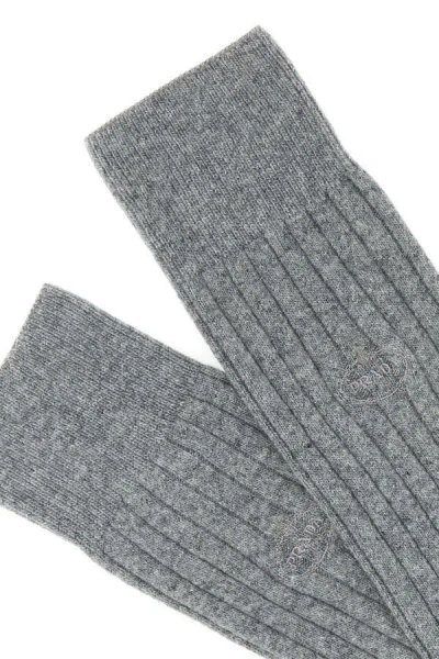 Shop Prada Woman Grey Stretch Wool Blend Socks In Gray