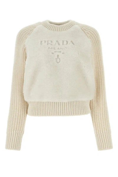 Shop Prada Woman Ivory Shearling And Alpaca Sweater In White