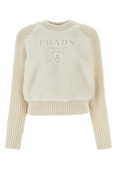 Prada Shearling And Alpaca Crew Neck Sweater In White