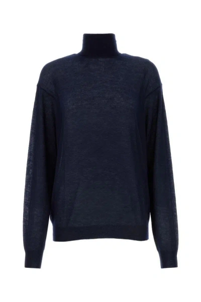 Shop Prada Woman Navy Blue Cashmere See-through Sweater