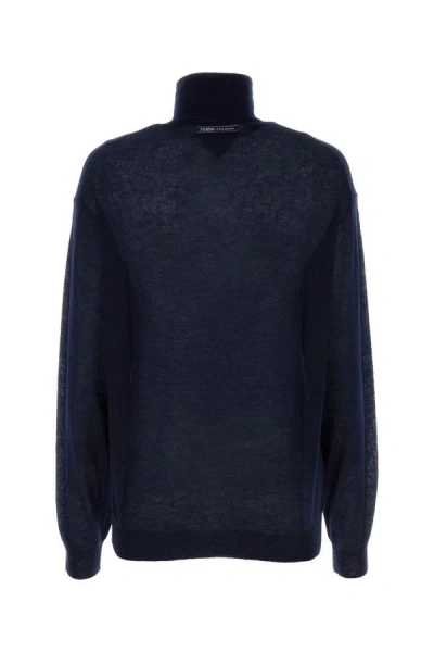 Shop Prada Woman Navy Blue Cashmere See-through Sweater