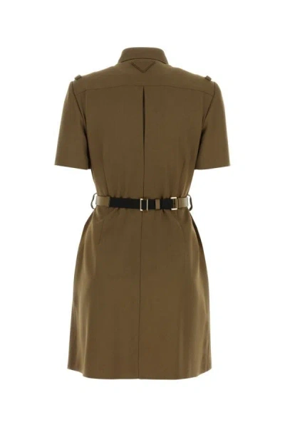 Shop Prada Woman Mud Gabardine Mini Dress In Brown