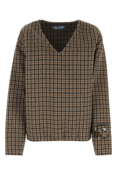 Prada V-neck Checked Pullover In Multicolor