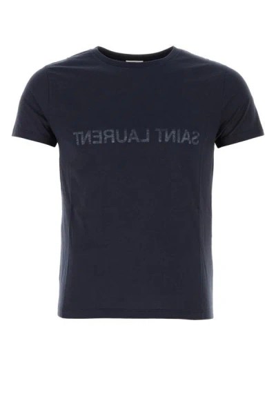 Shop Saint Laurent Man Navy Blue Cotton T-shirt