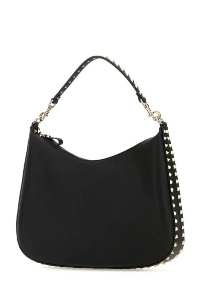 Shop Valentino Garavani Woman Black Leather Hobo Rockstud Shoulder Bag