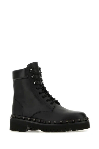 Shop Valentino Garavani Woman Black Leather Rockstud Ankle Boots