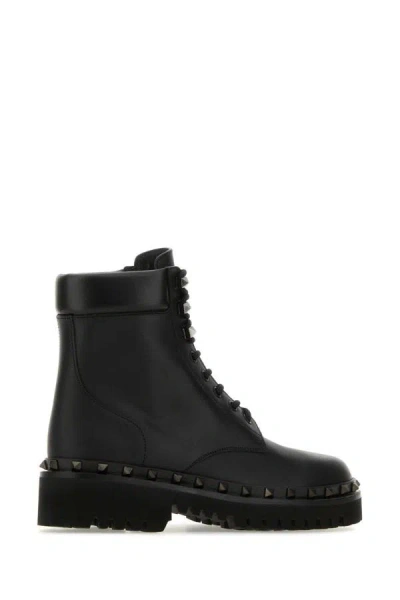 Shop Valentino Garavani Woman Black Leather Rockstud Ankle Boots