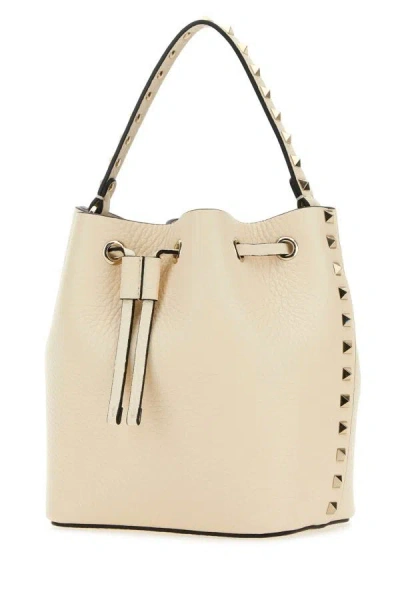 Shop Valentino Garavani Woman Ivory Leather Rockstud Bucket Bag In White