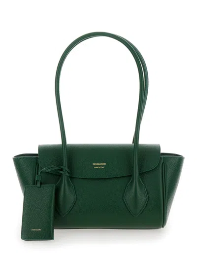 Shop Ferragamo 'east-west S' Green Handbag With Logo Detail In Hammered Leather Woman