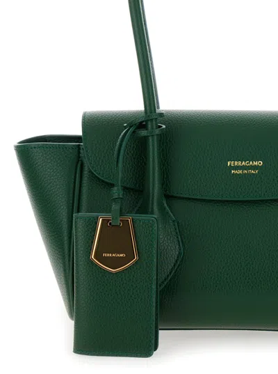 Shop Ferragamo 'east-west S' Green Handbag With Logo Detail In Hammered Leather Woman