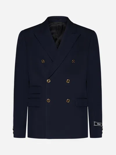 Shop Versace Wool Double-breasted Blazer In Navy Blue