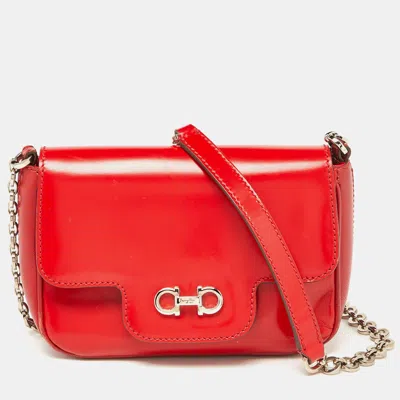 Shop Ferragamo Glossy Leather Rory Crossbody Bag In Red
