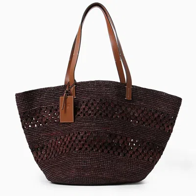 Shop Manebi Manebí Chocolate Coloured Basket Bag In Raffia And Leather