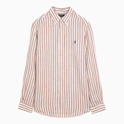 Shop Polo Ralph Lauren Custom Fit Khaki/white Linen Oxford Shirt