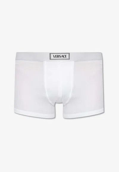 Shop Versace 90s Vintage Logo-waistband Trunks In White