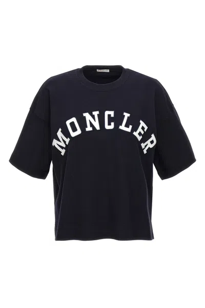 Shop Moncler Women Logo Embroidery T-shirt In Blue