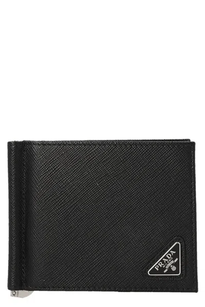 Shop Prada Men Money Clip Saffiano Wallet In Black
