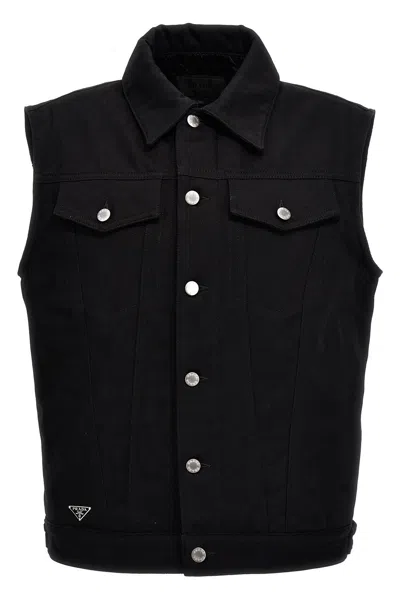 Shop Prada Men Quilted Inner Denim Vest In Black
