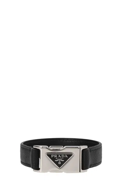 Shop Prada Men Triangle Logo Bracelet In Black